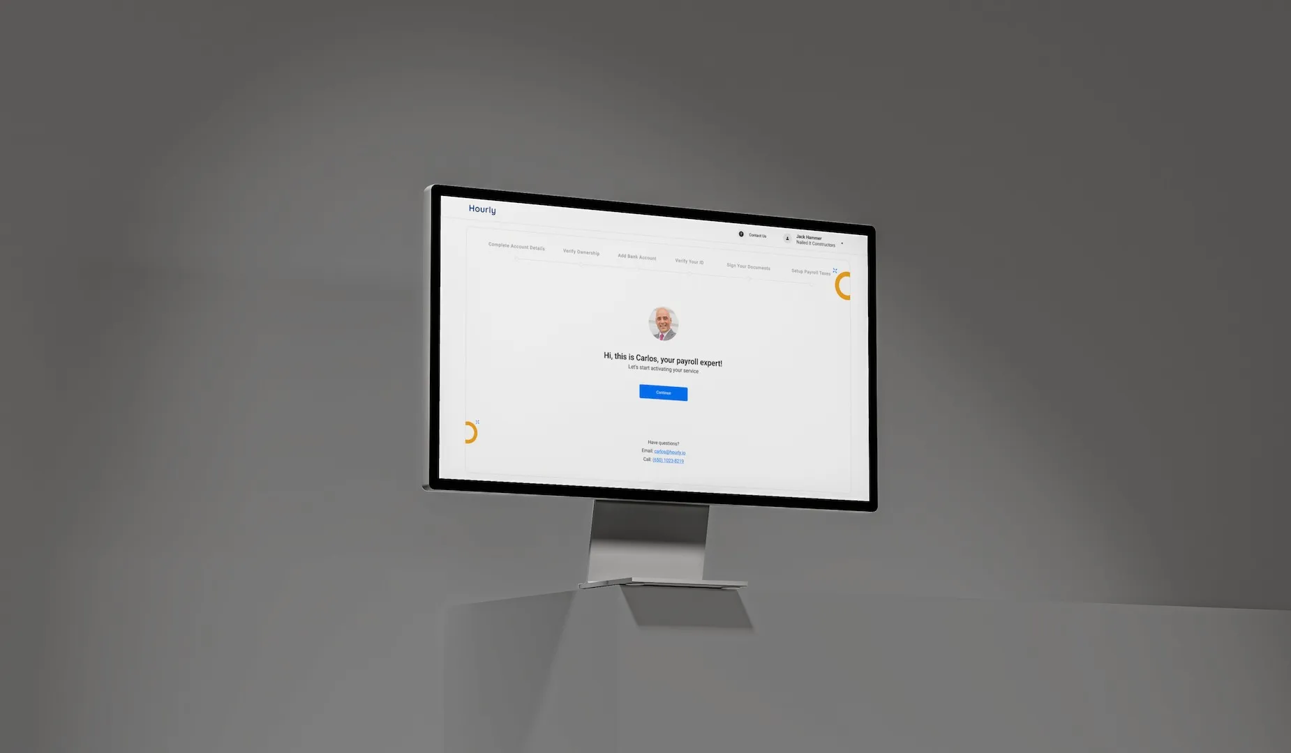 Hourly's onboarding welcome screen with its six-step progress bar, on a desktop monitor.