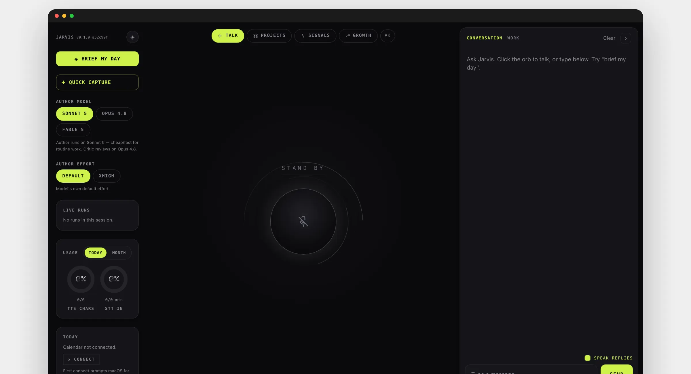 The Jarvis desktop app in standby: a reticle orb at centre, a left rail with model and effort controls, usage gauges and the day's schedule, and a conversation pane on the right.