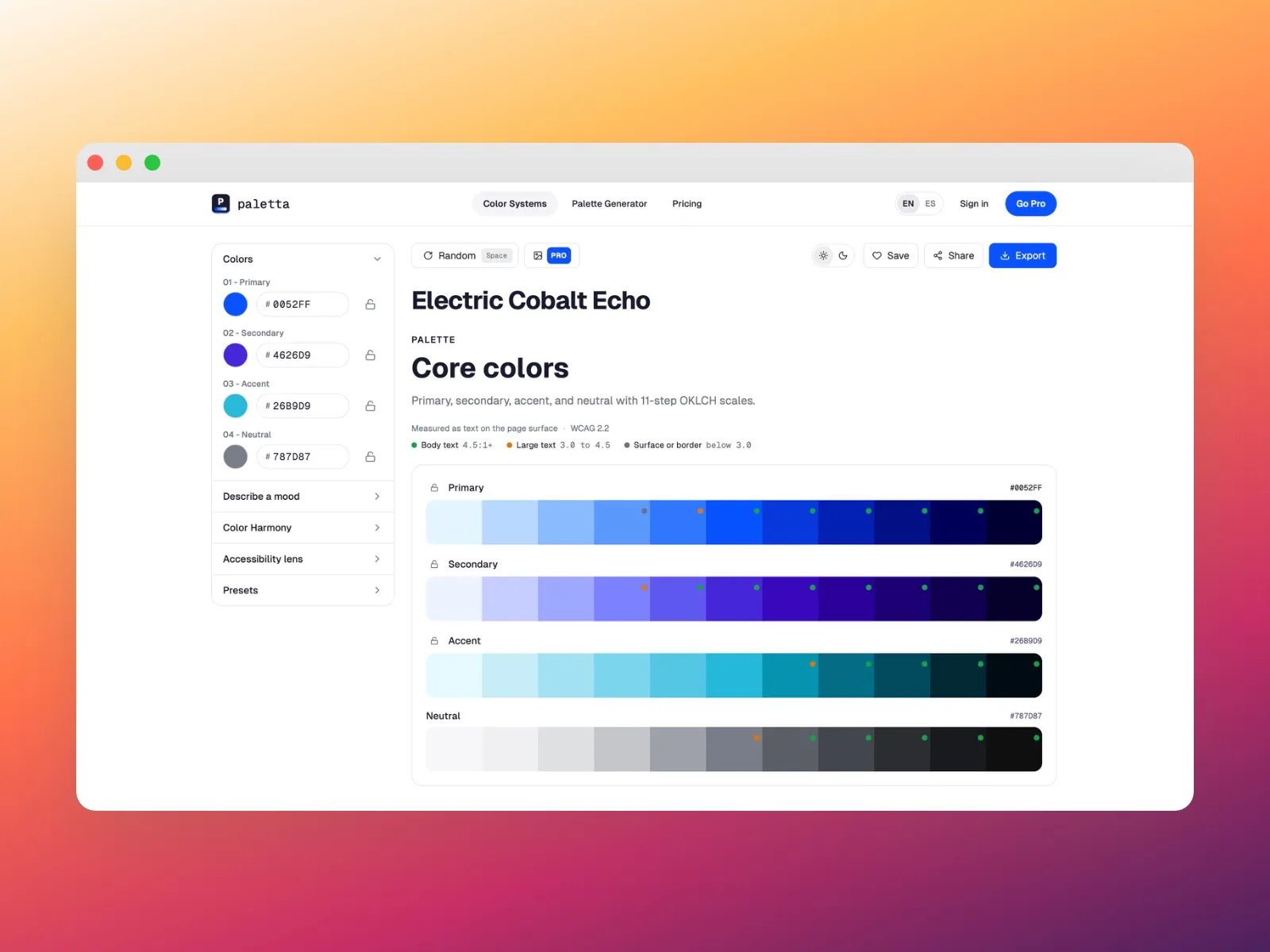 Paletta's Color Systems view, framed in a browser window on an orange-to-violet gradient: primary, secondary, accent and neutral as 11-step OKLCH scales, each step marked for WCAG 2.2 body or large text, with the color inputs on the left.